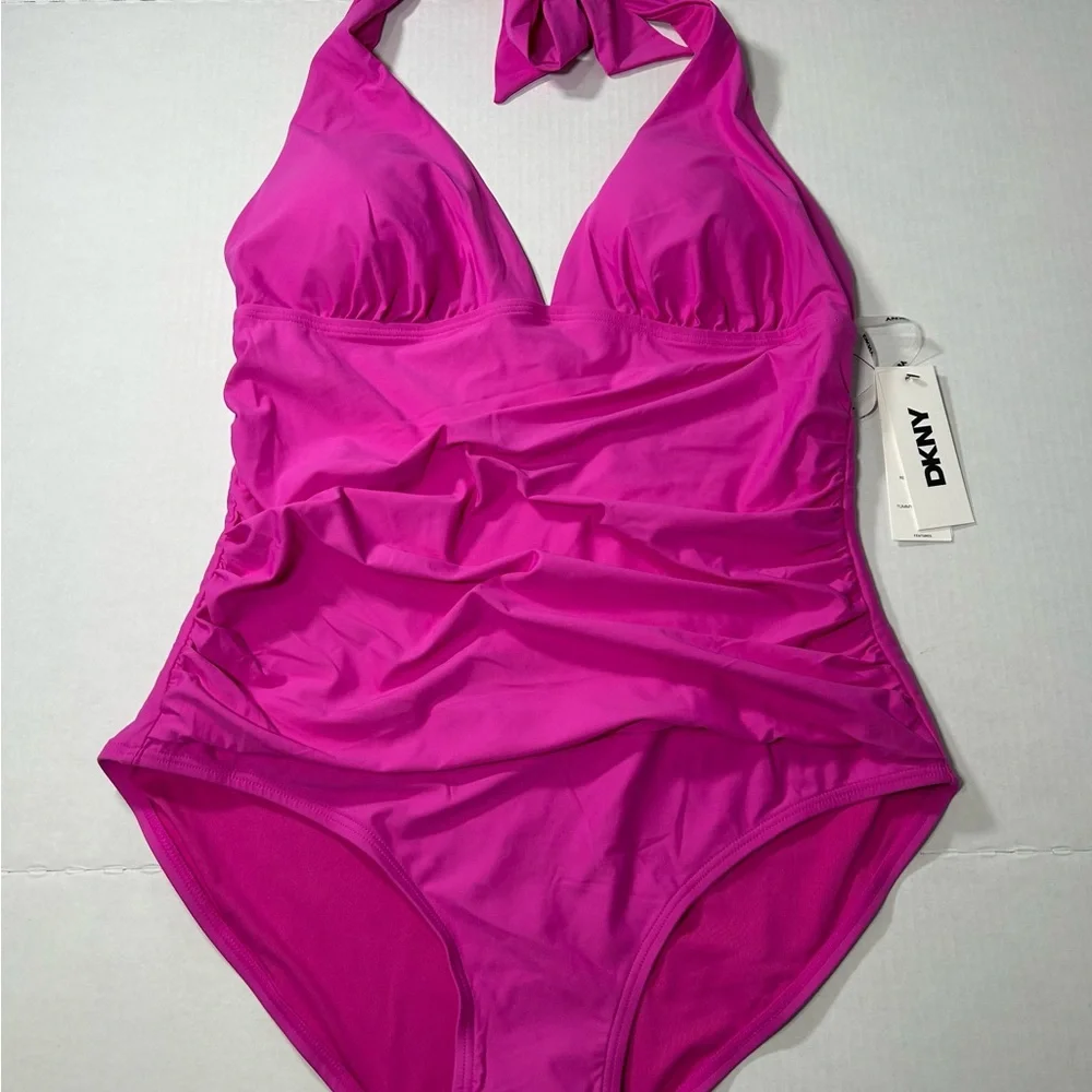 DKNY Women's Swimsuit Plunge V neck Hot Pink NEW - Picture 2 of 5